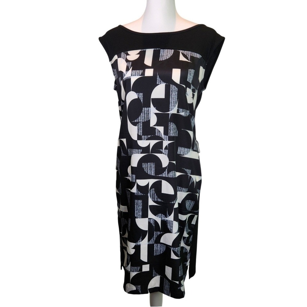Ann Taylor Shift Dress Black White Geometric Sleeveless Office Mod Op Art Small